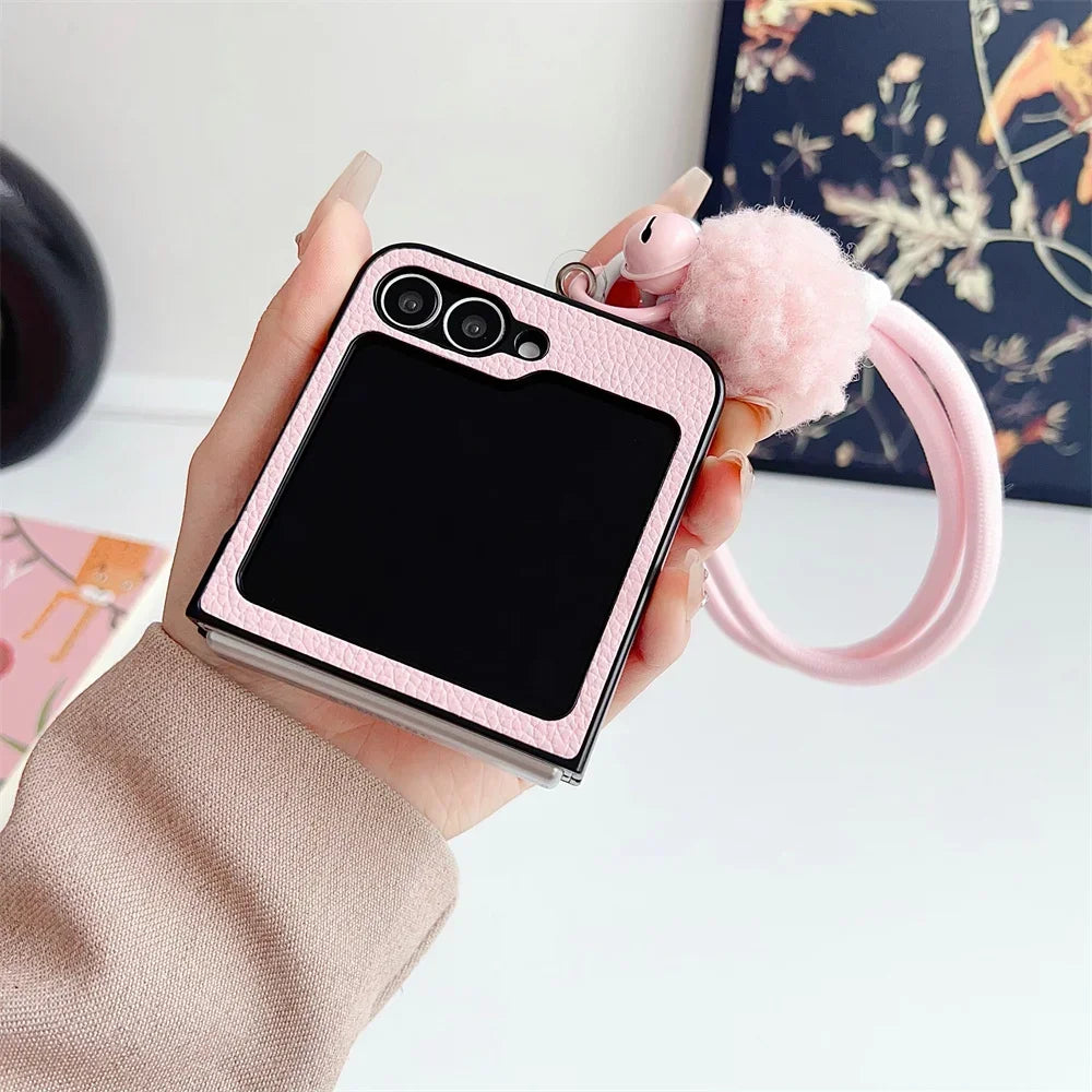 Leather Wrist Strap Phone Case Samsung Galaxy Z Flip Shockproof Protective Cover