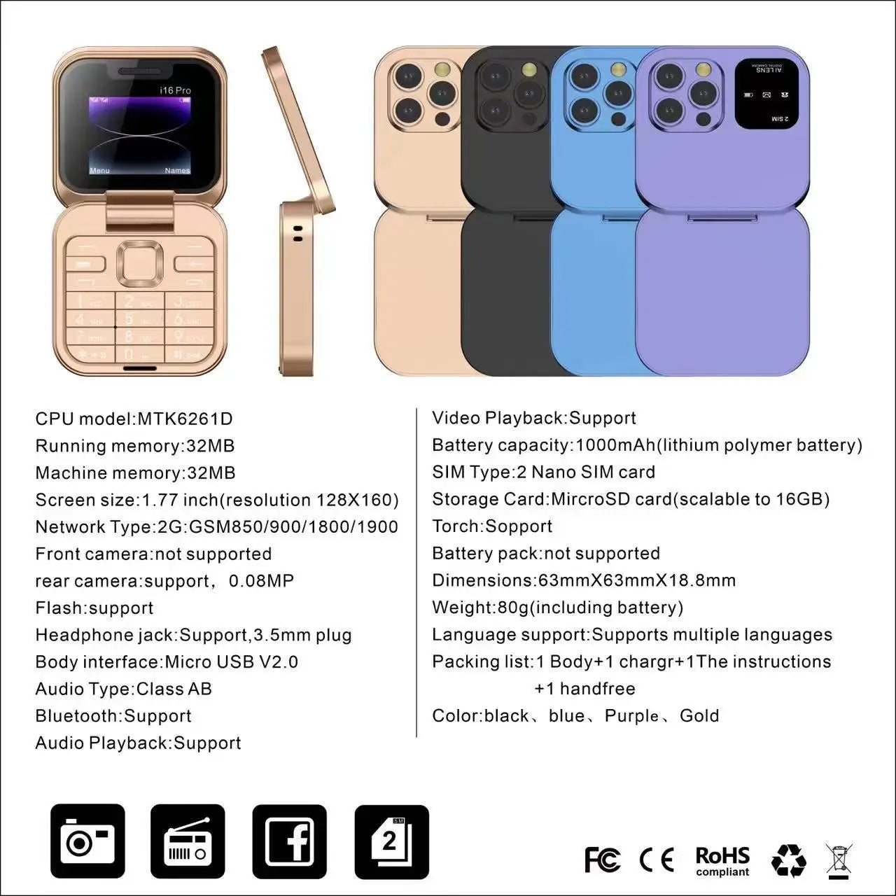 i16 Pro Flip Phone Dual SIM MP3 Flashlight